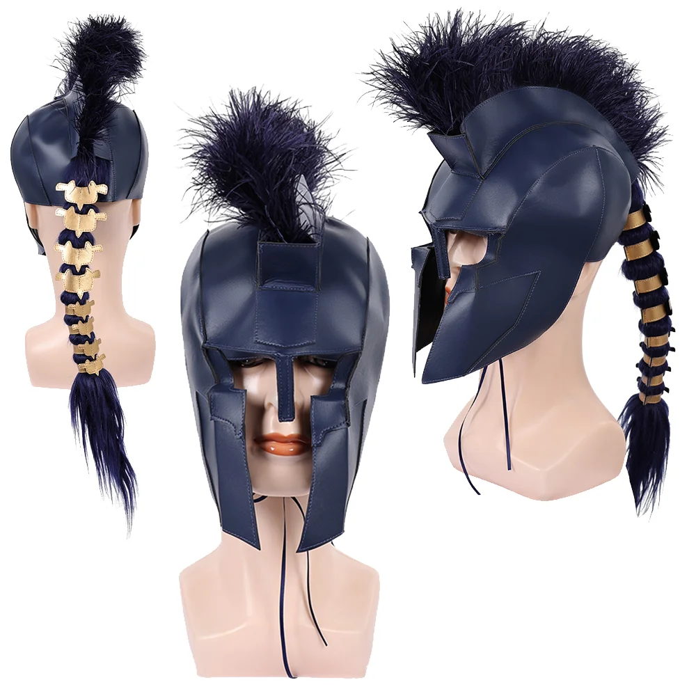 Agamemnon Cosplay Helmet The Odyssey Medieval Warrior Mask Blue Headgear With Plume Decor Ponytail Costume Accessory Halloween view 4
