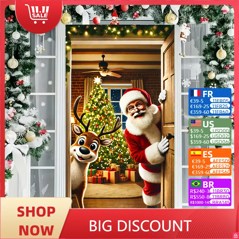 Christmas Door Cover Decoration Santa Claus Puppy Xmas Gift Box  Bowknot Background Indoor Outdoor Porch Banner Party Supplies