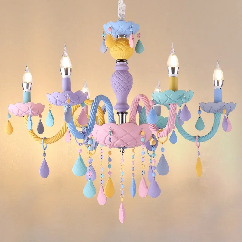 

2025 Crystal Chandelier Macaron Color Droplight Children Room Lustre Cristal Creative Fantasy Girl Princess Luminaire Light Fixt
