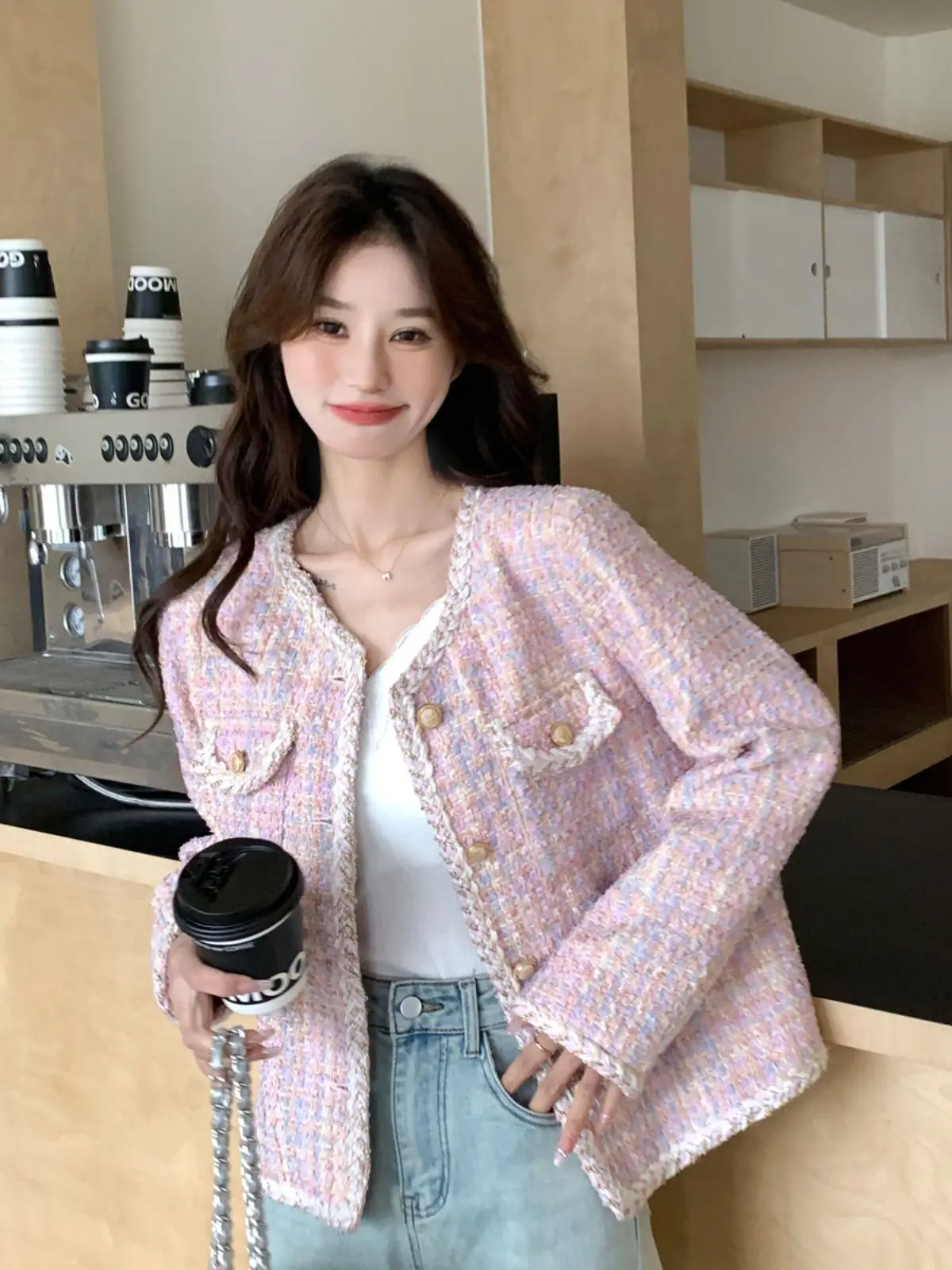 Pink Fragrant Jacket Spring and Autumn Women's 2026 New Korean Sweet Celebrity Style Tweed Short Coats