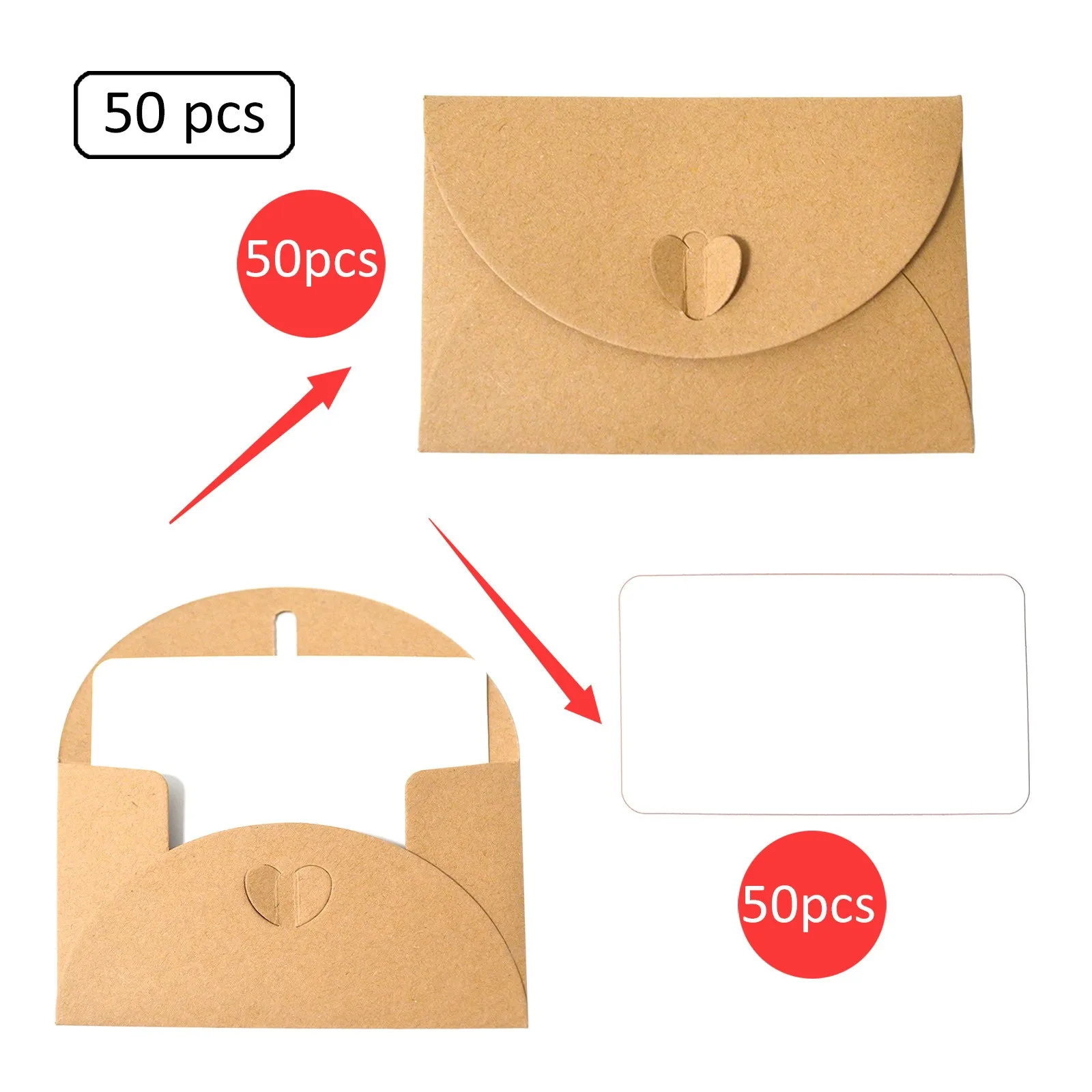 50pcs Blank Gift Card &50pcs Envelopes with Heart Closure Vintage Blank Note Card Set Greeting Card for Wedding Party Invitation