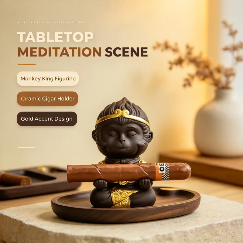 Ceramic Single Cigar Capacity Cigar Holder, Creative Monkey King Qitian Great Sage Sculpture, Desktop Decor Cigar Enthusiasts