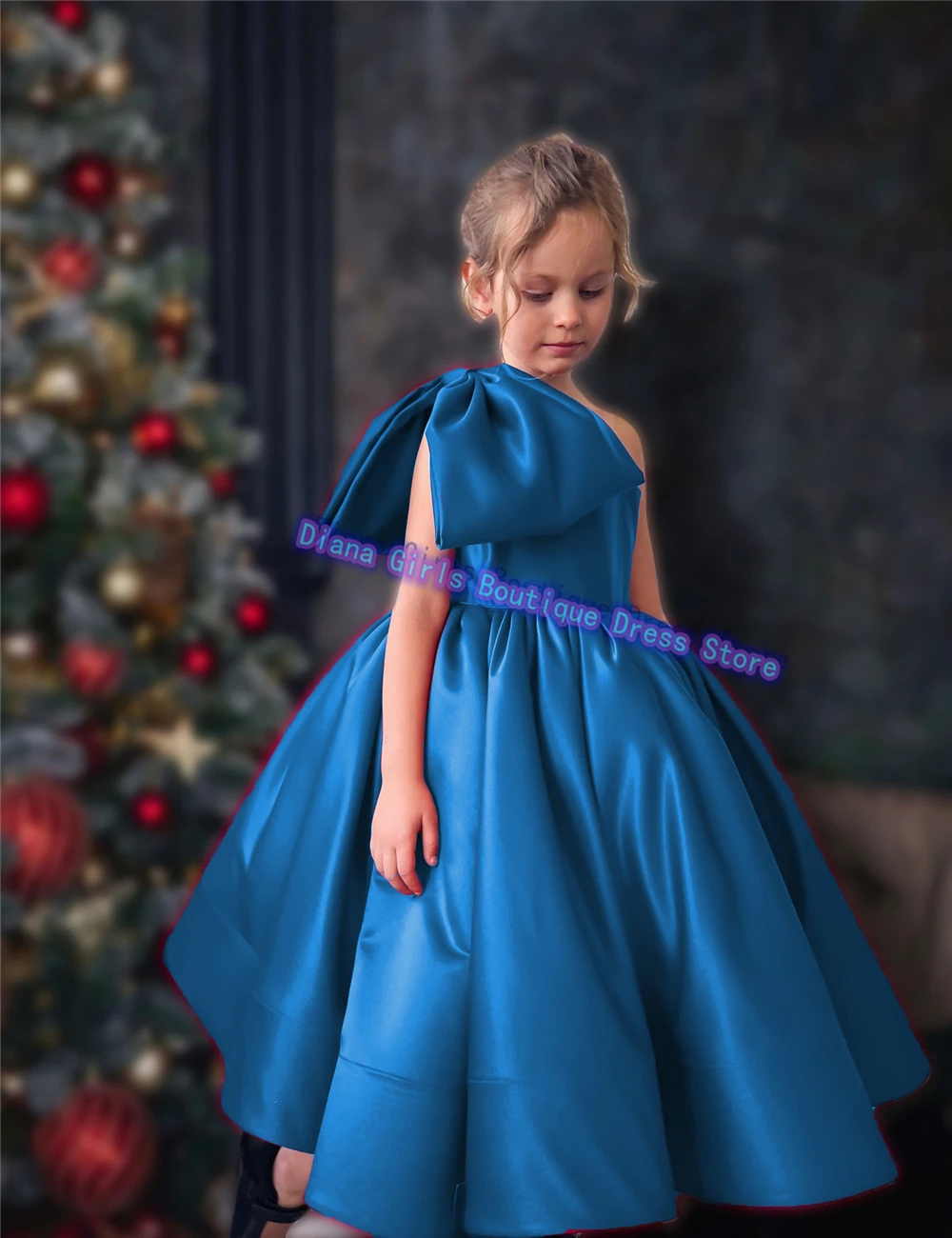 Precioso vestido de niña de flores de satén personalizado de Navidad, adorno de lazo rojo, vestidos de boda para fiesta de cumpleaños para niñas pequeñas, vestidos de princesa