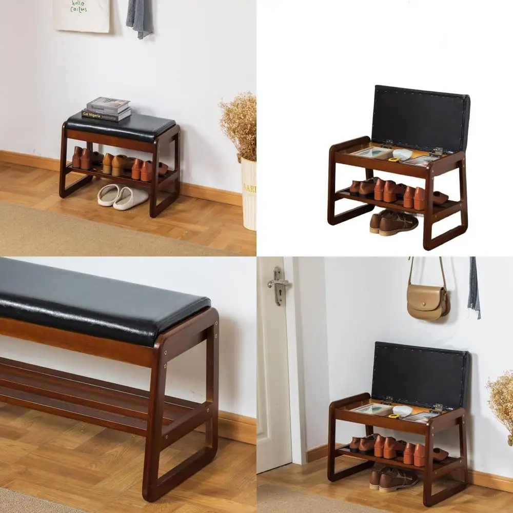 2-Tier Solid Wood Shoe Bench with Cushion and Storage, Ideal for Entryway or Mudroom (Black, 21.65)