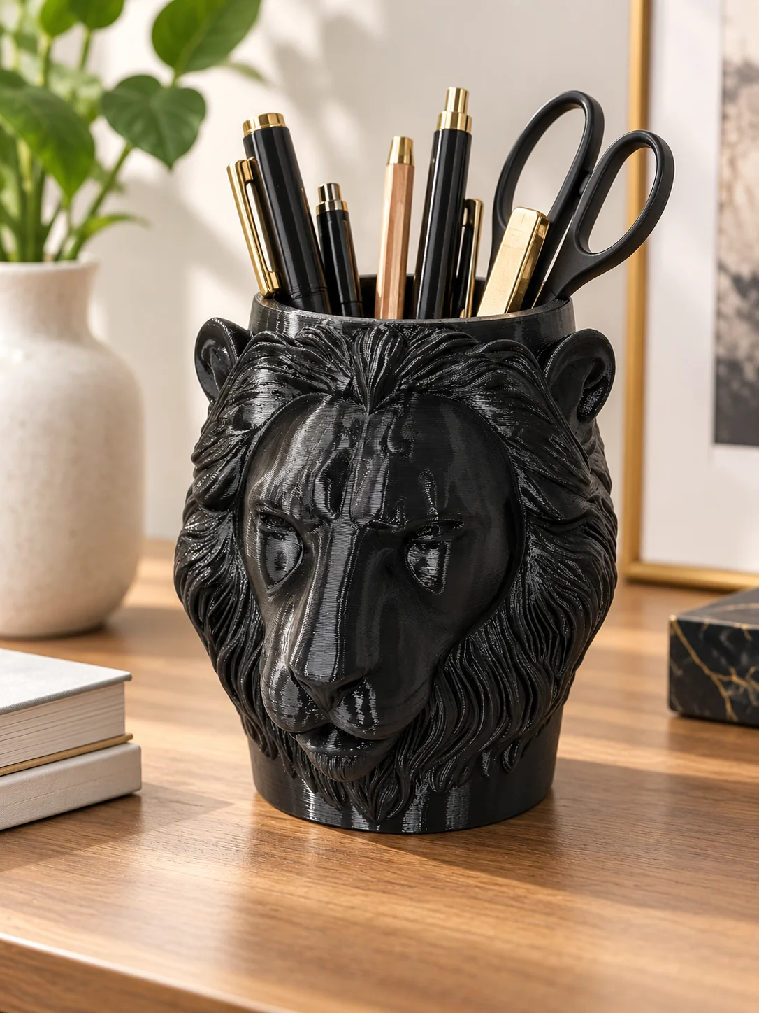 3D Printed Black Petg Lion Head Pen Holder with Rough Animal 3D Relief Details, Textured Surface with High-Quality Finish, Modern Gothic Dark Luxury Style, Masculine Creative Art Desktop Organizer, Pencil Holder, Makeup Brush Organizer, Vanity Table Organizer, Stationery Storage Cup, Both Aesthetically Pleasing and Functional, Easy to Access, Say Goodbye to Clutter, Quick and Easy Retrieval, Essential for Small Spaces, Suitable for Office, Study, and Vanity Tables in Various Settings