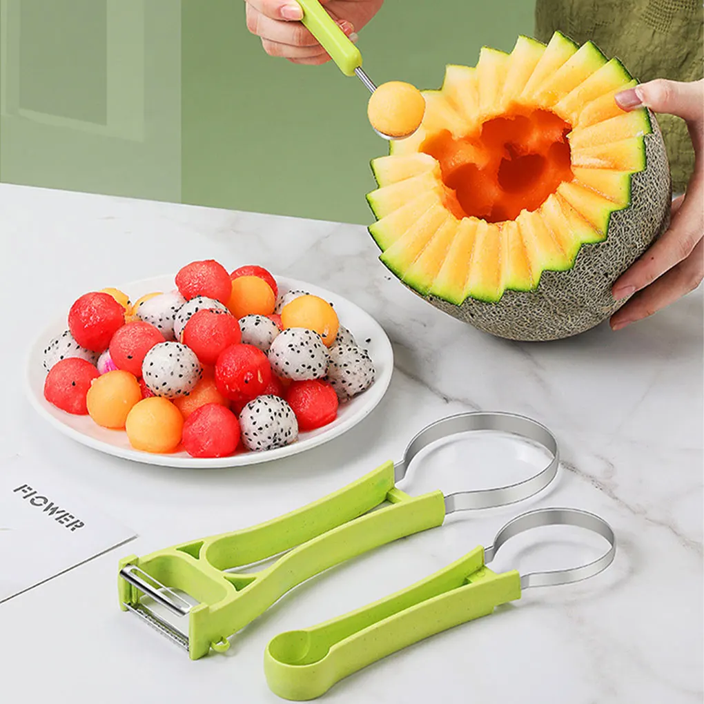 Multifunctional Melon Baller and Carving Knife Set Stainless Steel Fruit Spatula Watermelon and Cantaloupe Cutter Kitchen Tools