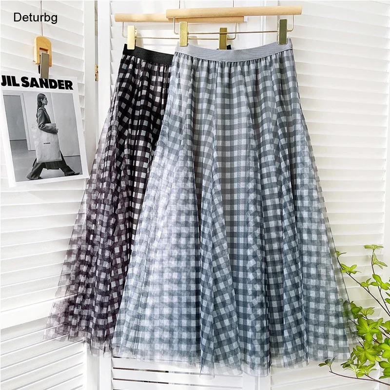 Women\'s Elegant Plaid Pattern 3 Layer Mesh Long Skirt Female High Waist Color Block Pleated Flowy A-Line Skirts 2024 Spring K11