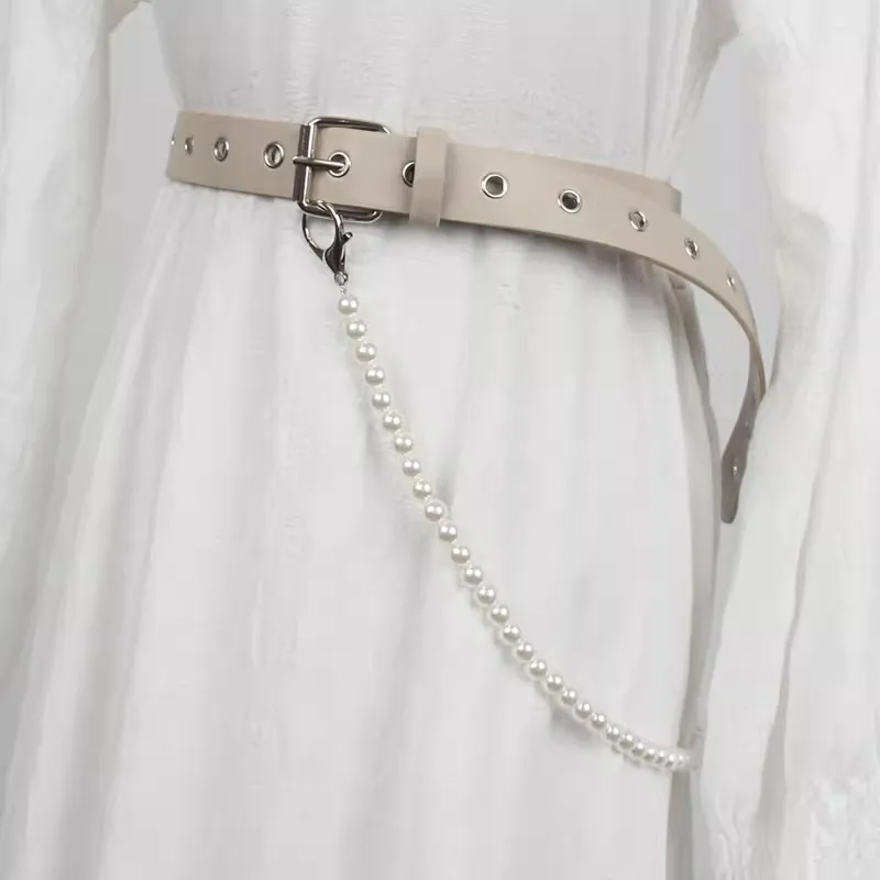 여성 패션 PU 가죽 진주 체인 코르셋 여성 Cummerbund 코트 허리띠 드레스 Decration 와이드 벨트 J1343