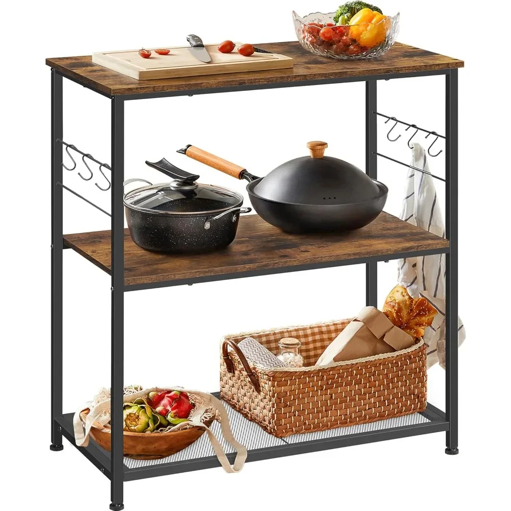 

Bakers Rack, Kitchen Shelf, Kitchen Island, Microwave Oven Stand with Open Shelves, Hooks, Metal Frame,Industrial