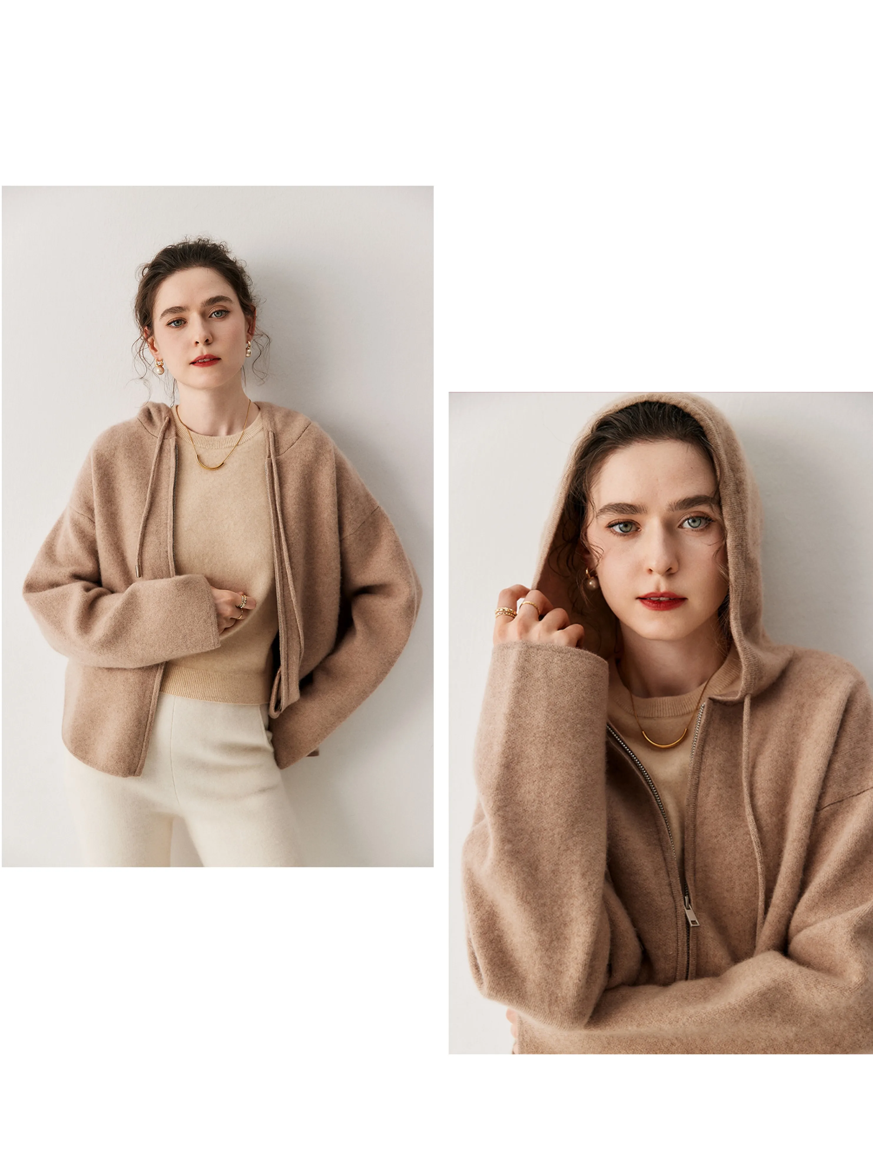 

Осень-зима с капюшоном на молнии, 100% кашемировый вязаный кардиган, свитер, женский свободный толстый теплый воздушный слой, двухцветный свитер, куртка