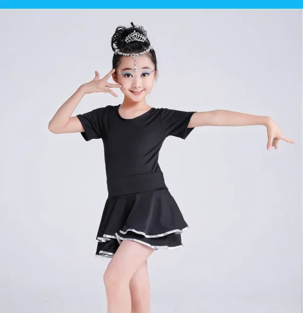 

1 шт./лот, детское платье для латинских танцев, девочка, ча-ча, танго, короткое платье с короткими рукавами для танцев
