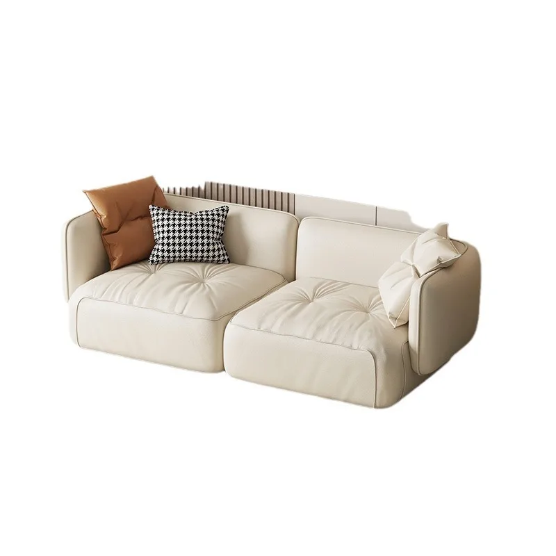 

Three-person cream wind net red leather sofa straight row living
