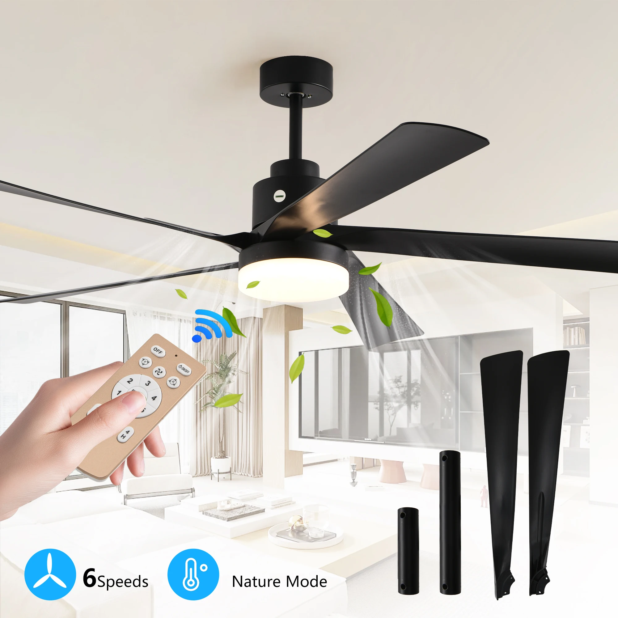 65 Inch Black Ceiling Fan with Light, 5-Blade Dimmable LED Ceiling Fan with Remote Control, Modern Quiet Design