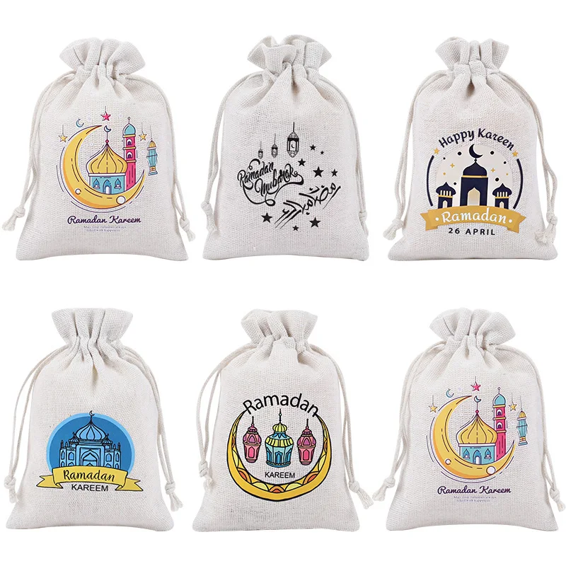 Ramadan Kareem Gift Bag Candy Cookie Burlap Drawstring Bag 2025 Islamic Muslim Party Supply Eid Mubarak Decoration Jewelry Pouch