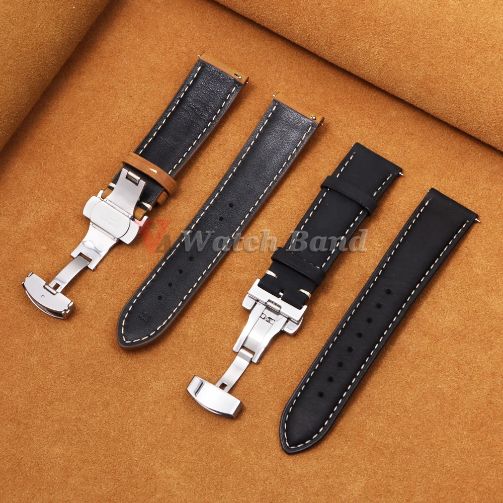 Genuine Calfskin Leather Band for Omega Business Watch Band for Seiko 14/16/18/20/22/24mm Butterfly Buckle Stitching Brown Strap image 4