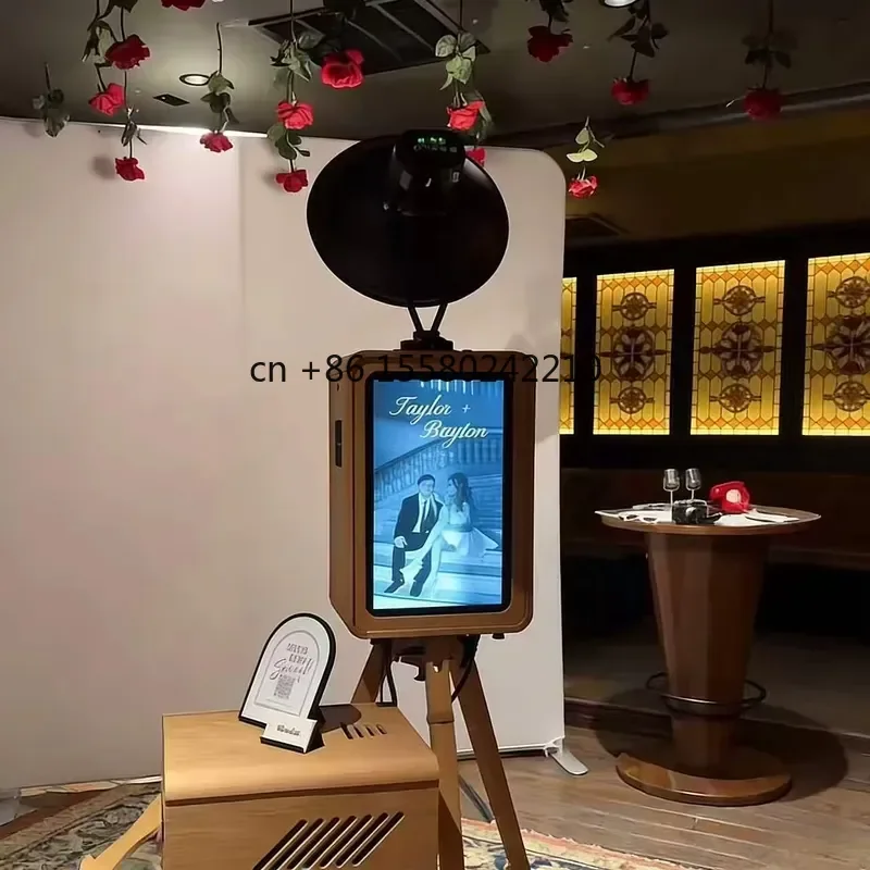 2026 hot Double Sided Retro Wooden Photo Booth for DSLR SLR iPad Self Service Print Touchscreen Control Wi Fi