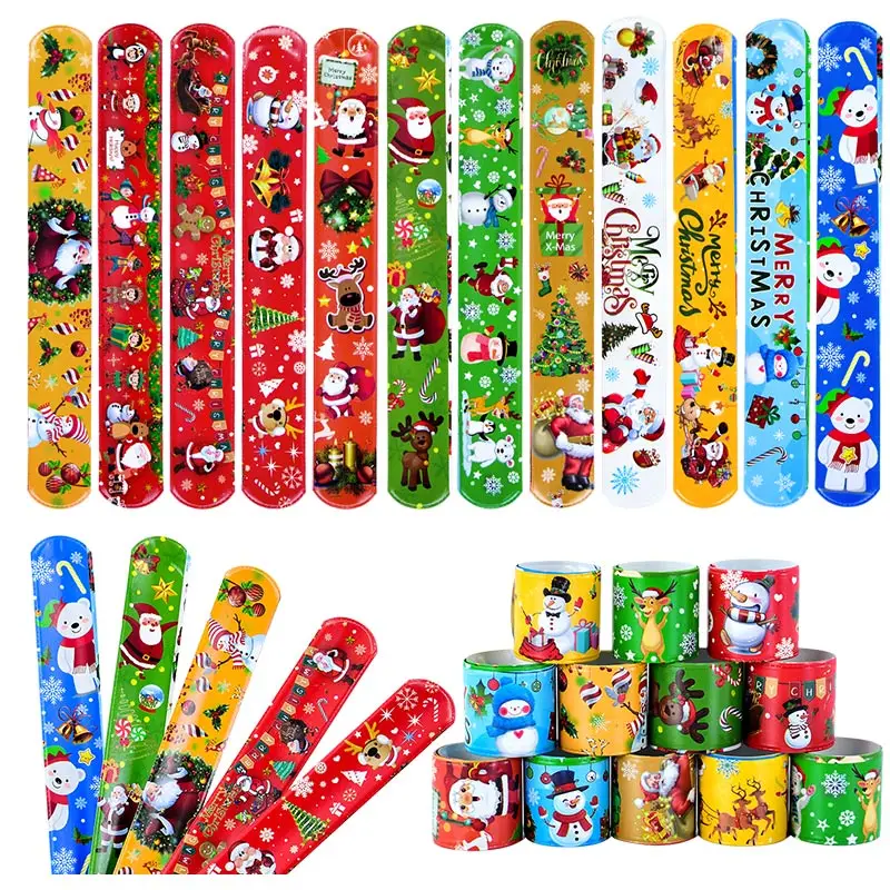 10pcs Christmas Slap Bracelets Snowman Santa Claus Elk Xmas Tree Printed Wristband Xmas Favors Gift New Year Party Decorations