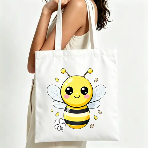 Women's cute bee graphic canvas tote bag, casual style for daily shopping and summer outings