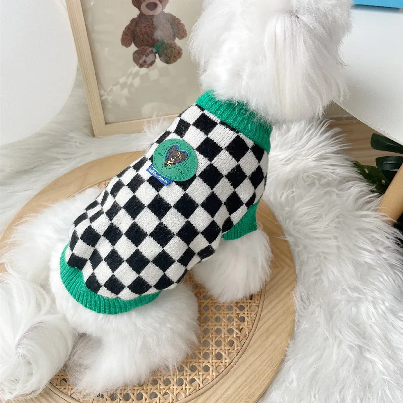 Black White Checkerboard Sweater Pet Dog Clothes Teddy Yorkshire Schnauzer Maltese Cat Small Dog Autumn Winter Dog Warm Sweater