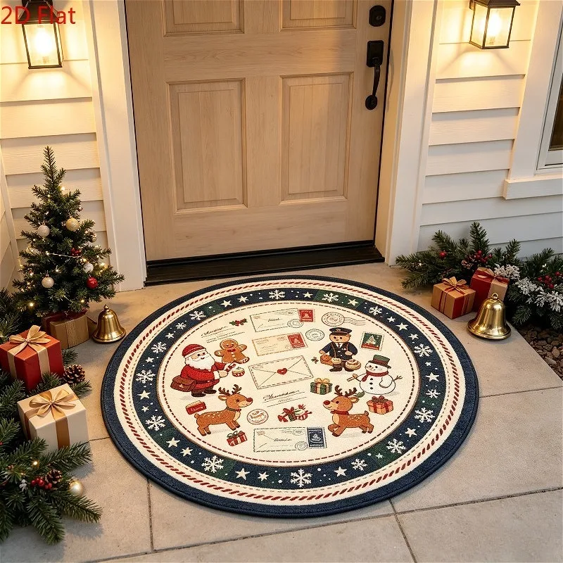 Flannel Circular Mat 2D Flat Vintage Christmas Letter Rug Soft Warm Mail Envelope Postcard Pattern Entry Way Carpet