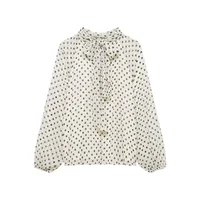 2026 Elegant Women Polka Dot Blouse, Spring Bow Tie Lantern Sleeve Layered Neck Chiffon Shirt, Casual Daily Office Top - Image 2