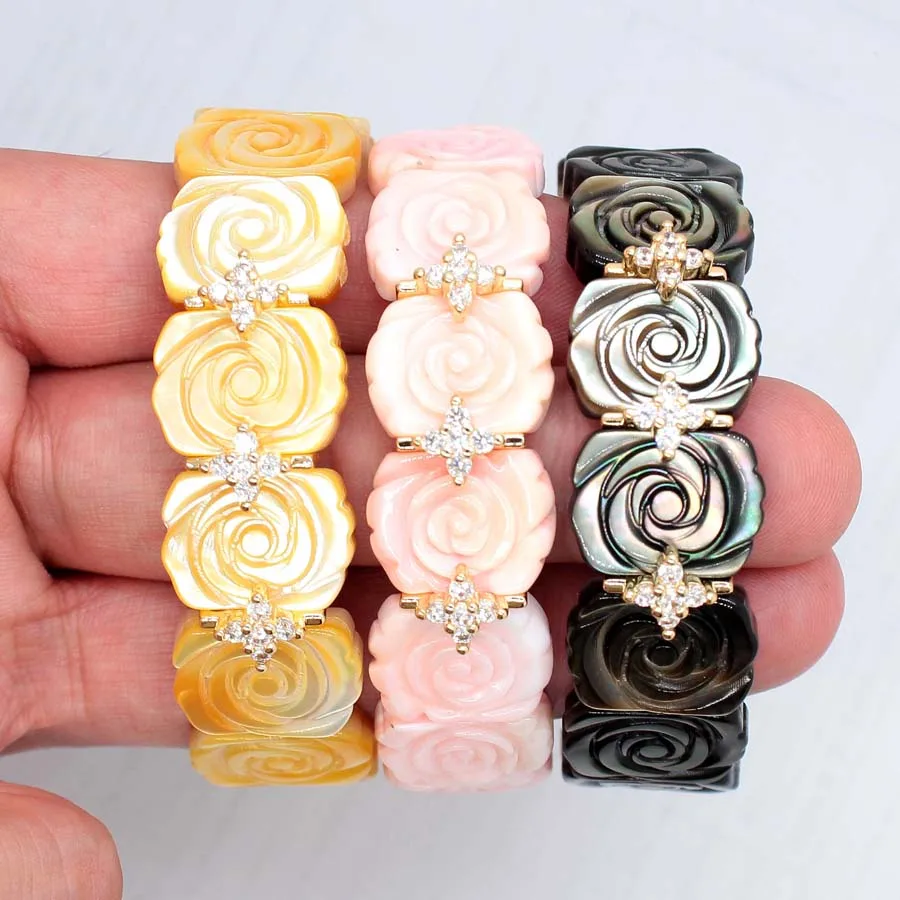 Charms Natural Abalone Shell Carved Rose Flower Bracelets White Black Shell Bohemian Retro Beach Ocean Men Women's Jewelry