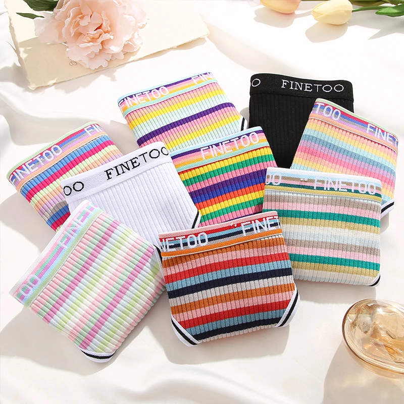 Arco-íris calcinha de algodão listrado colorido para mulheres, roupa íntima sexy G-String, feminina Finetoo Band Thong, lingerie íntima T-Back, 3