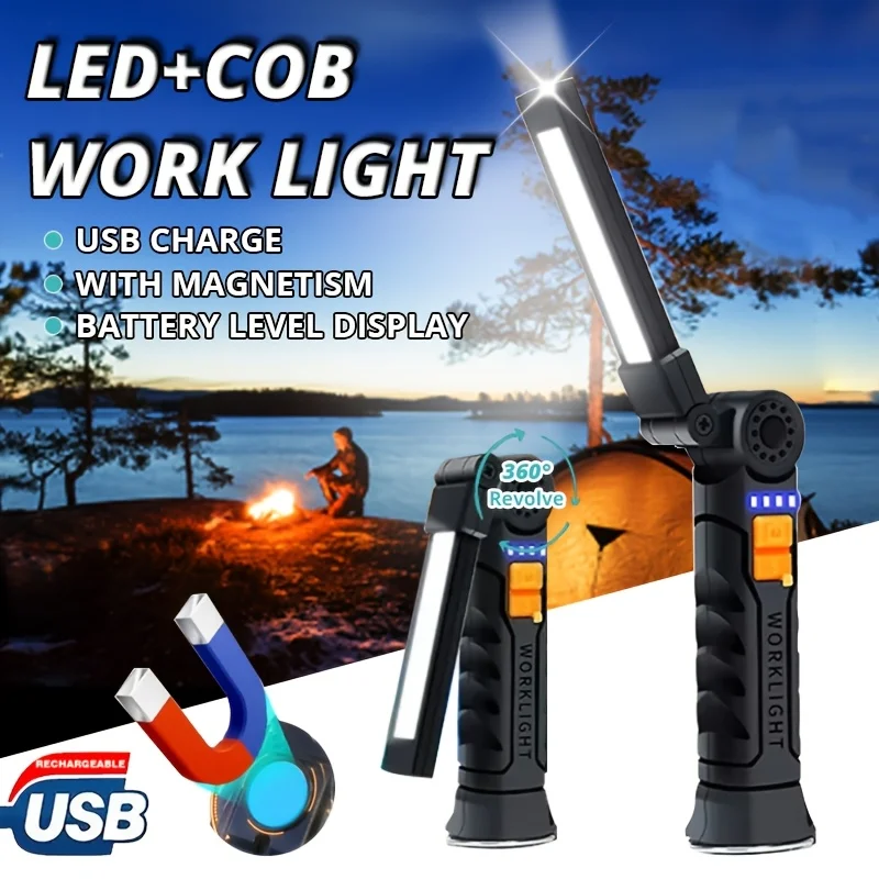 

New Portable COB LED Flashlight USB Rechargeable Work Light Magnetic Lanterna Hanging Lamp with Built-in Battery Camping Torch