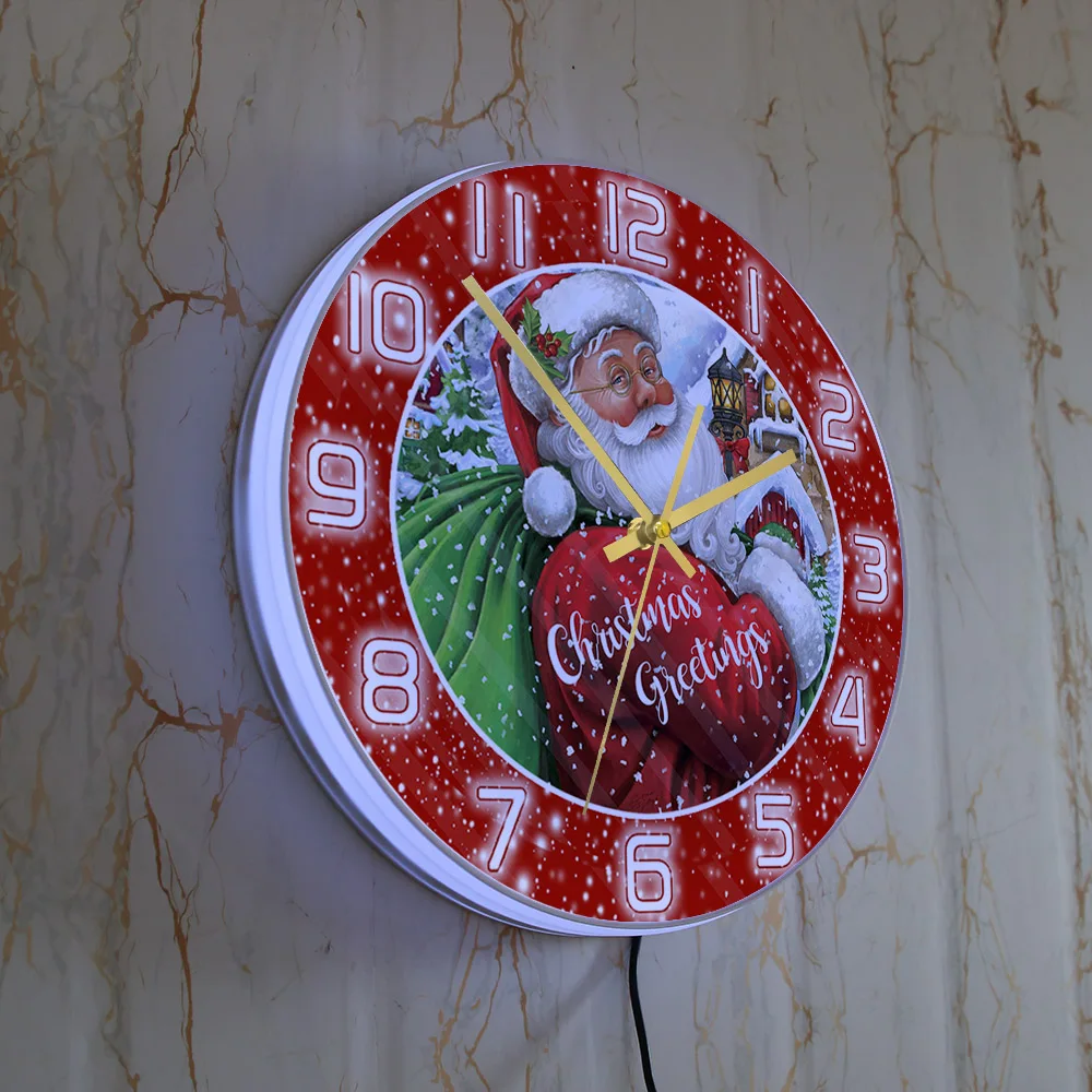 Vintage Santa Clause Red Sack Print Wall Clock For Kid Room Christmas Greetings Snow Holiday Home Decor LED Neon Light Clock