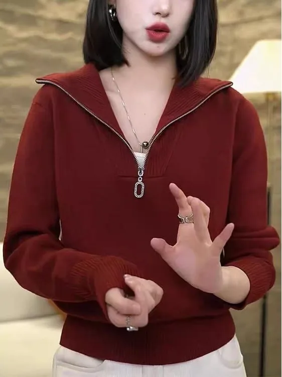 

Женский вязаный свитер, пуловер на молнии, внутренняя одежда, антиблокировочный повседневный трикотаж Long Sve на осень-зиму