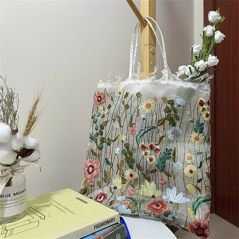 Summer Floral Beach Bucket Women Transparent Tote Organza Cloth Beach Bag Embroidery Handbag Folding Portable Grocery Tote Bags