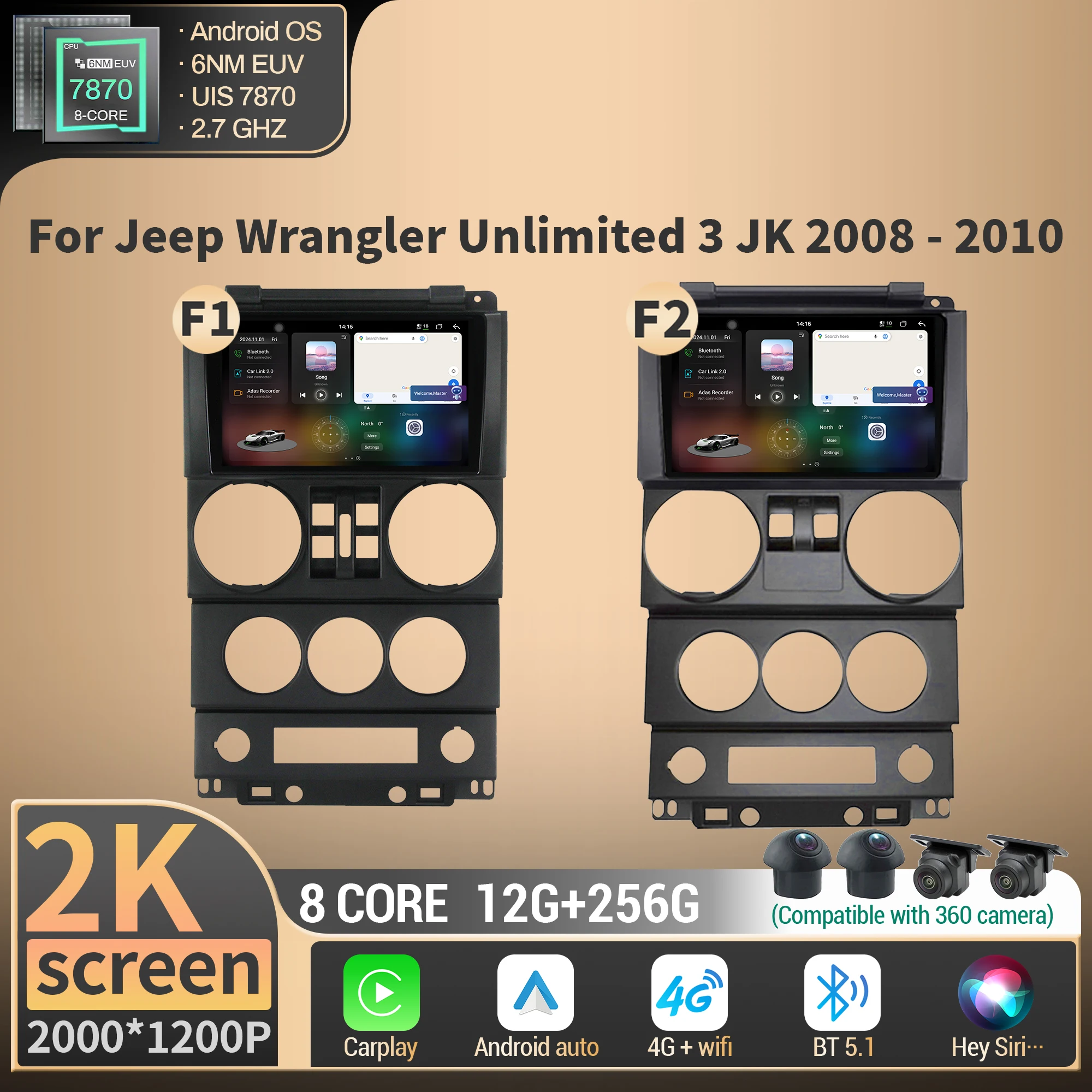 

For Jeep Wrangler Unlimited 3 JK 2008-2010 Android Auto Car Radio Multimedia GPS Stereo BT Carplay 4G CPU 7870 2K QLED Screen