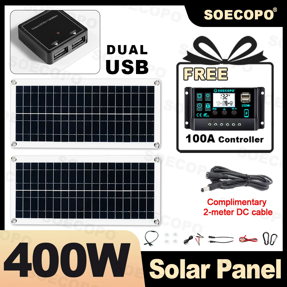 

SOECOPO 400W Solar Panel Kit 2 Foldable 18V Panels Camping Comes with A Free 100A Controller & 5V USB Ports for Easy Charging.