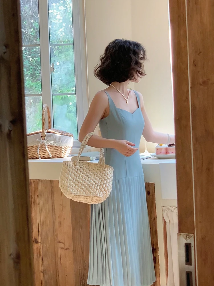 Vestido de tirantes vintage de verano plisado con adornos elaborados hecho a mano, color verde agua, de poliéster de cintura alta, a la moda para mujer.