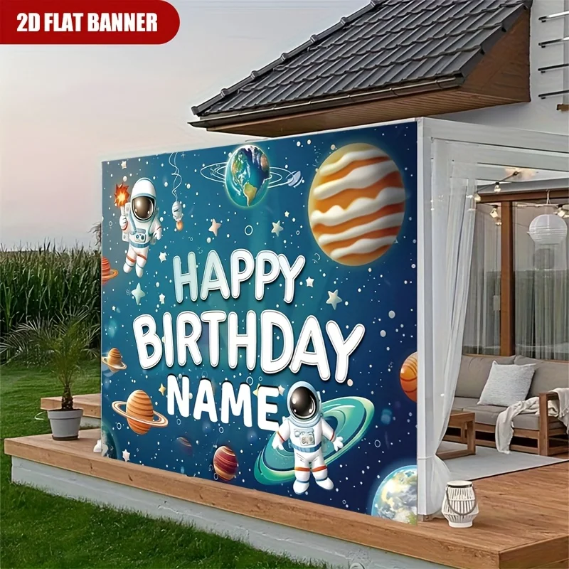 2D Flat, 2D Flat, [Customization] 2D Flat 1pc Personalized Name Birthday Party Cartoon Planet Space Background Cloth, Multi-Func