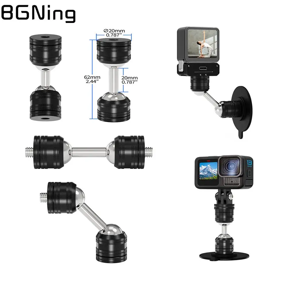 محول تركيب قابل للتعديل برأس كروي مزدوج مع برغي 1/4 لـ Gopro Here 13 12 لـ Insta360 لحامل كاميرات الحركة DJI Osmo