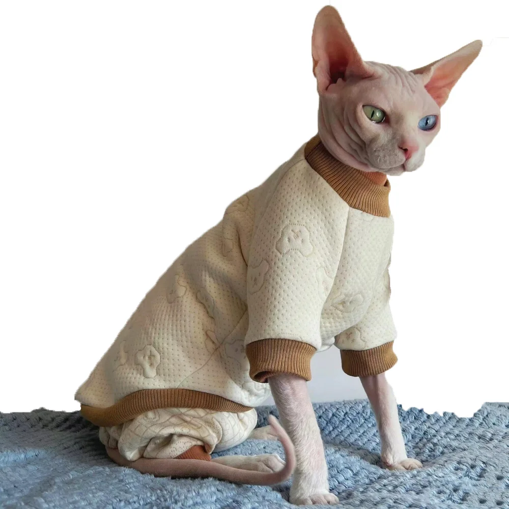 Clothes for Sphynx Cat Thick Light Cotton Sweatershirt for Kittens Dogs Winter soft Jumpsuit for Devon Rex Beige Coat for Cat