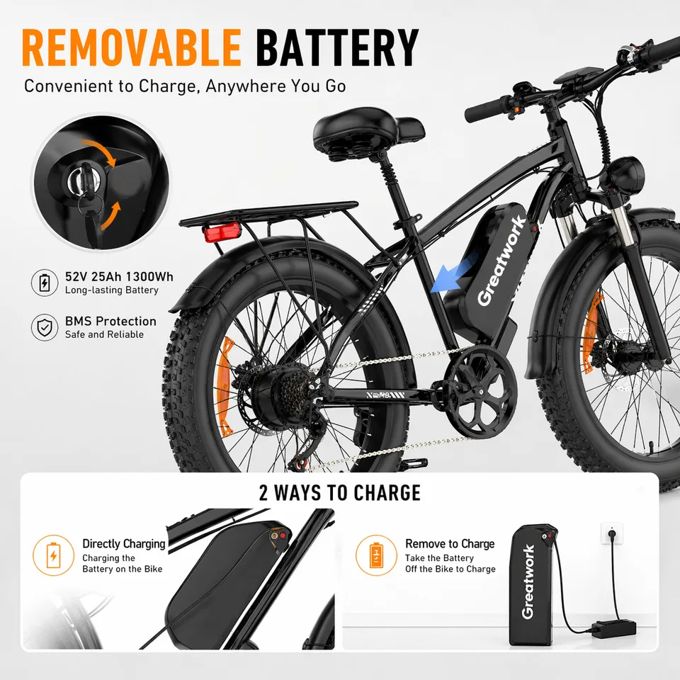 Electric Bike 52V 25Ah 5000W Dual Motors 24" Fat Tires Adult 45MPH 100 Miles AWD image 10