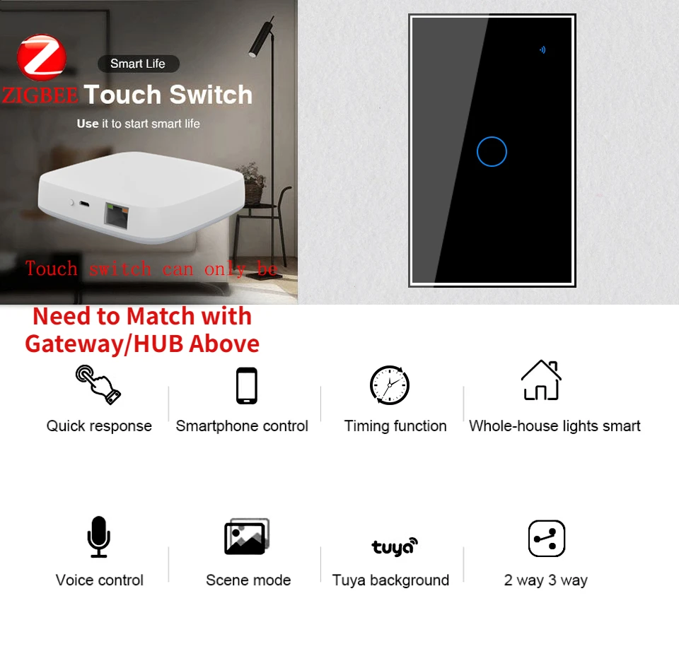 Zigbee Tuya Smart Life Touch US Wall Light Switch Rectangle Glass Panel 2/3 Way Wireless App Remote Control by Alexa Google Home