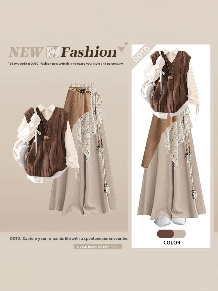 

Korean Sle Knitted Vest irt Layering Design Winter Faion Aosphere f Skirt Pants Set Casual Loose Fit Long Sve