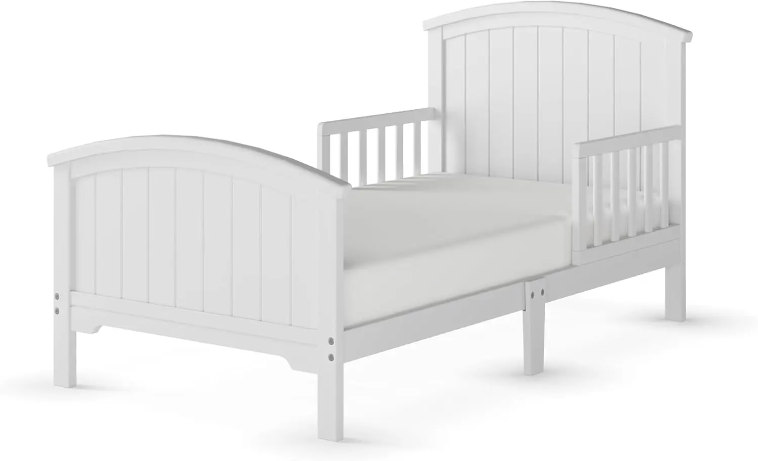 Cama para niños con rieles de protección, diseño bajo al suelo, hecho de madera de pino, blanco