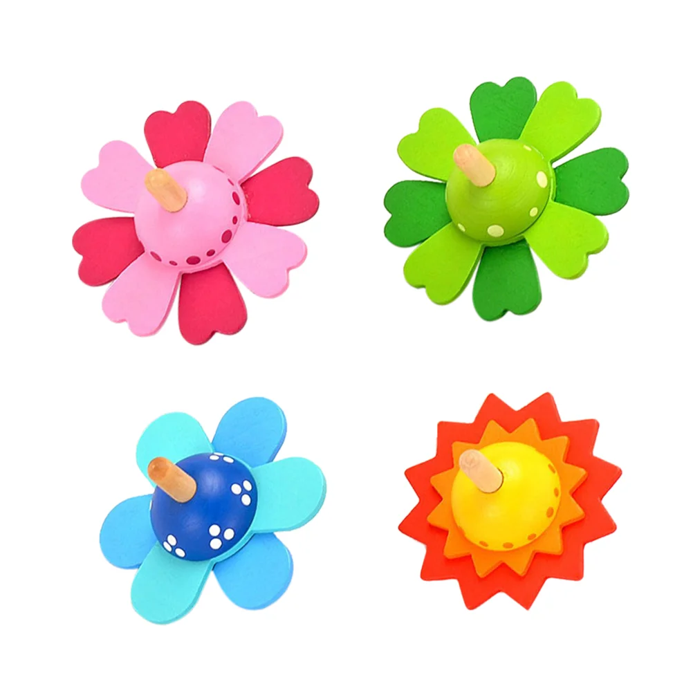 4 Pcs Flower Spinning Top Cognitive Plaything Kids Educational Toys Baby Shape Funny Gyro Wooden Rotating Pressure Relief Child