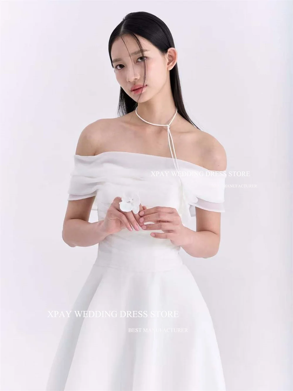 

XPAY Simple Off Shoulder A-Line Korea Wedding Dresses Photo Shoot Silk Organza Floor Length Corset/Zipper Bridal Gown Customized