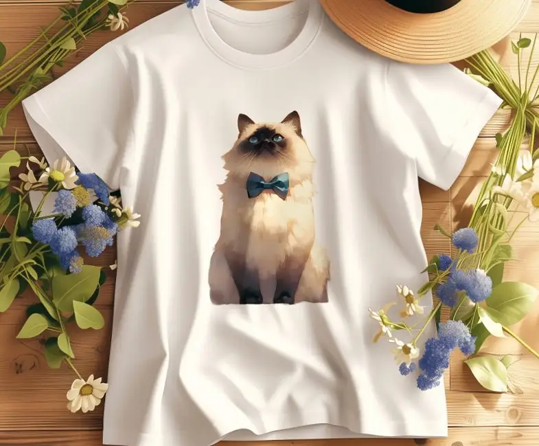 Birman Cat Abstract Art T Shirt Cute with Bowtie Artistic Feline Fashion Top Lover's GifT