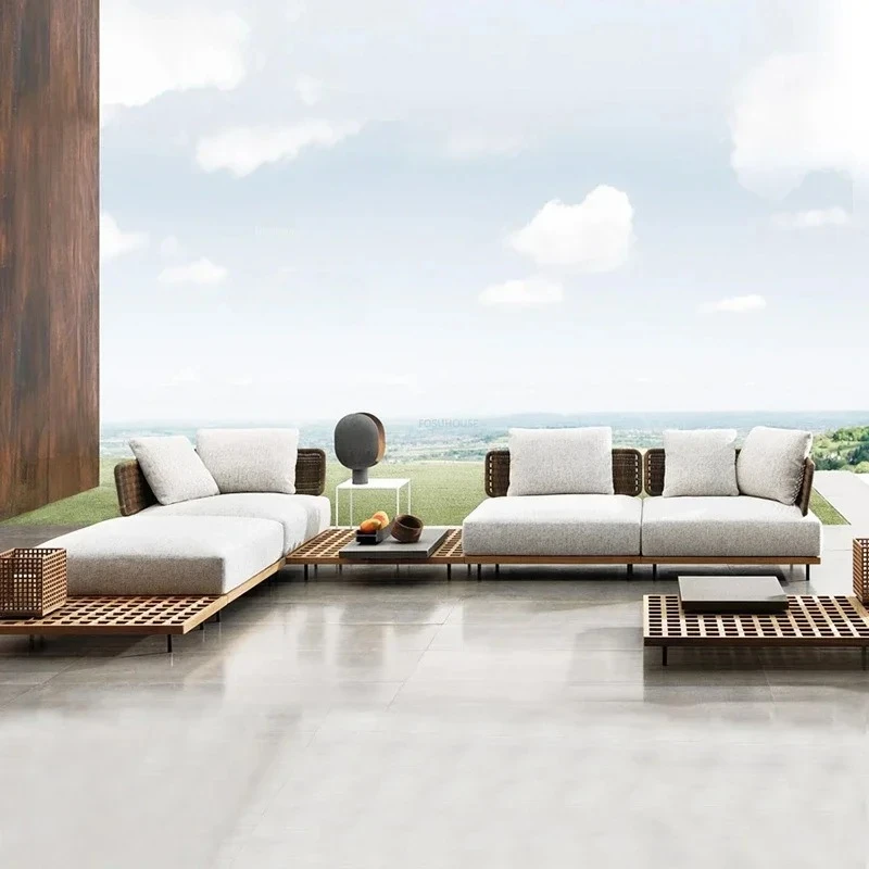 & Nordic Solid Wood Garden Furniture Sets Rattan Outdoor Sofa B&B Villa Home Luxury Sofa Chair Combination Leisure Patio Furnitu