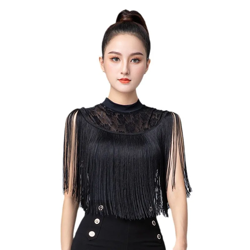 2024 Women Latin Dance Tassel Top Female Modern Ballroom Long Fringe T-Shirt Black Sexy Lace Mesh Necklin Summer Sleeveless Vest