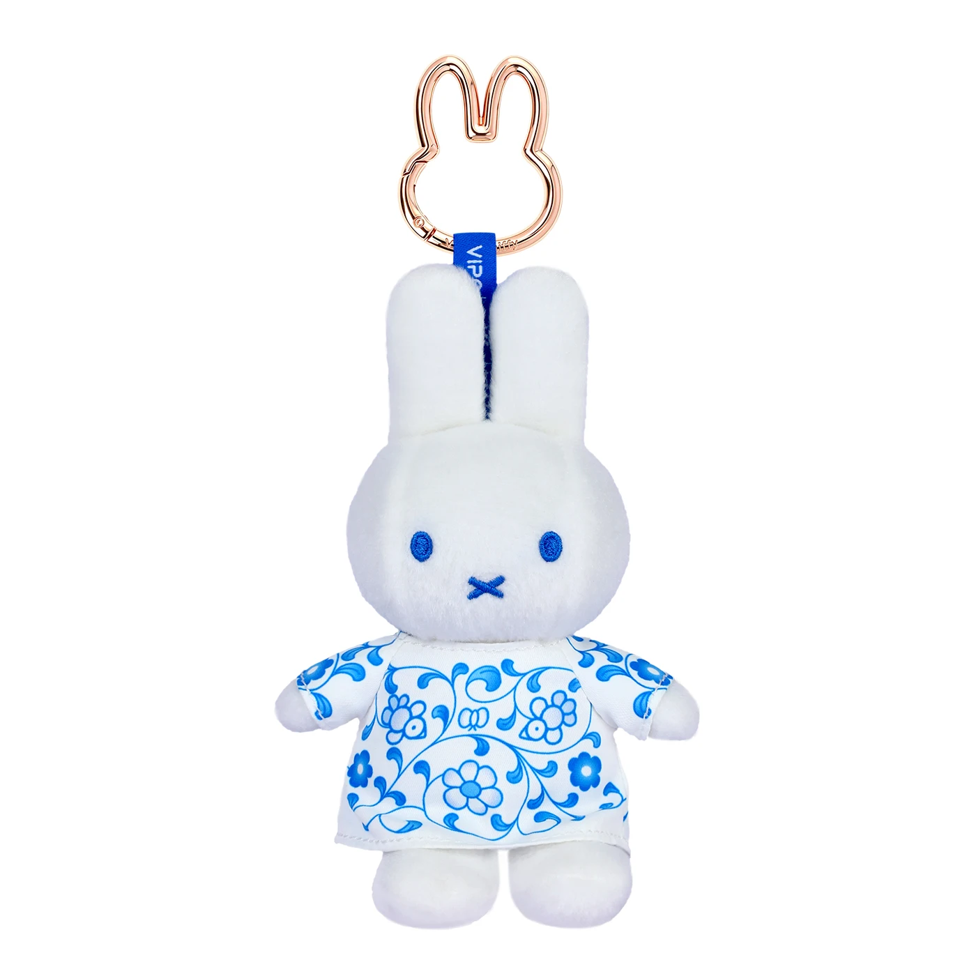 Miffy Plush Keychain, Blue & White Porcelain-Inspired Bag Charm, 13cm Cute Bunny Doll with Rose Gold Clip, Gift for Miffy Fans