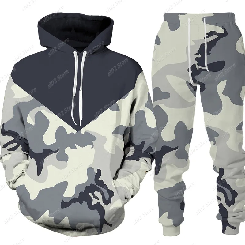 Men Cool Camouflage Printed Pullover/Trousers/Suits Men\'s Hoodie Pants Tracksuit Outdoor Sport Camping Hunting Casual Male Suit