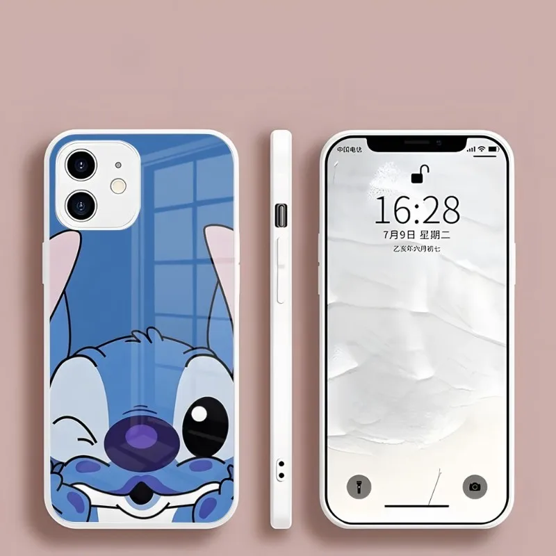 Disney Kawayi Lilo Stitch Phone Case Shockproof Glass White For Iphone 15 14 13 Pro Max 12 11 Xr X Xs Mini 6 7 8 Plus Se 2022