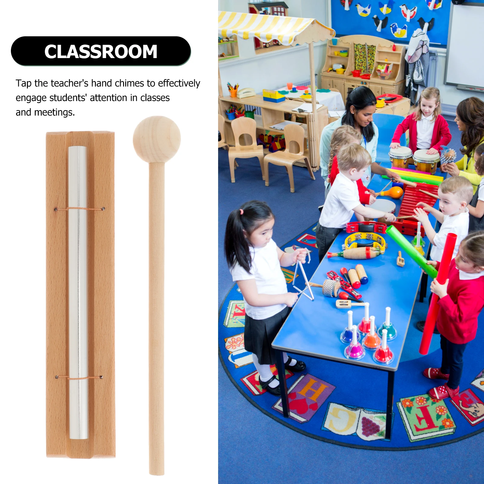 

2 Sets Meditation Chimes Mindfulness Hand Bell Classroom Percussion Instrument Wood Base Metal Tube Clear Sound Long Vibration